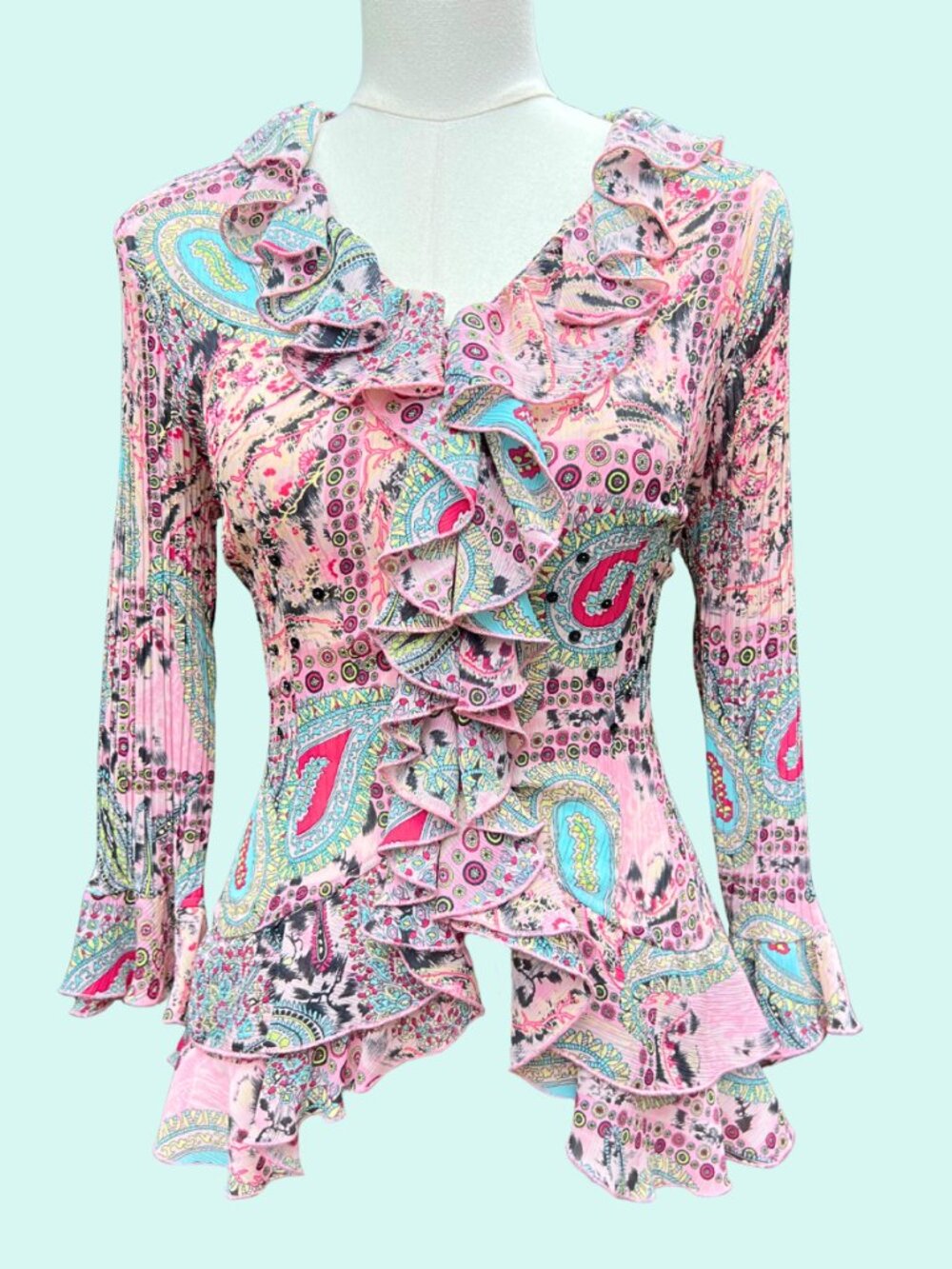 Y2K Agora Paisley Ruffle Mesh Long Sleeve Top